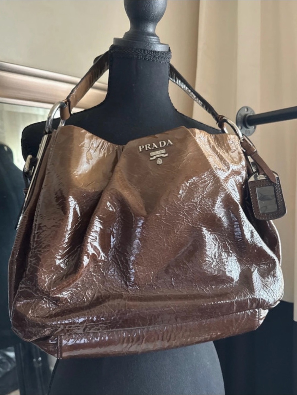 Prada Crinkled Patent Leather Brown Ombre Sfumata Hobo Bag